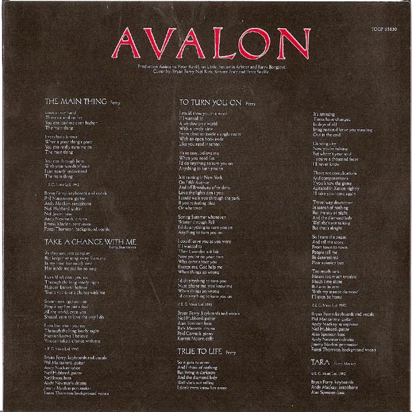 LP Inner Sleeve, Roxy Music - Avalon
